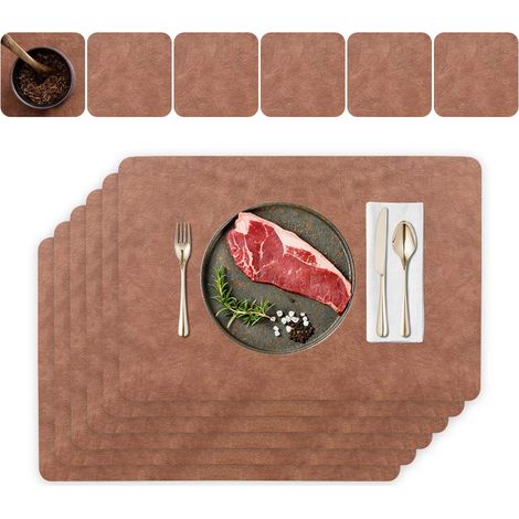 Lot de 6 sets de table, dessous-de-plat, lavables, en cuir, double, épais, 45 x 30 cm, pour la maison, la cuisine, le restaurant et l'hôtel, motif cuir de vachette et café foncé (1/5)