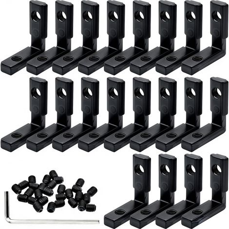 Lot de 20 connecteurs d'extrusion en aluminium 2020 avec 40 vis et clé, support d'angle noir avec fente en T à l'intérieur en forme de L pour 20 Series 20/20 2040 V Profil en aluminium extrudé