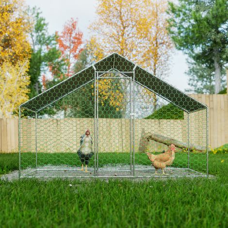 Gallinero estructura acero galvanizado techo PE impermeable rejilla hexagonal 300x150x200cm color plata (1/5)