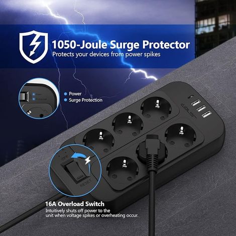 USB Power Strip Surge Protector, 6 Sockets with 4 USB Ports Travel Charger 5 V 3.4 A/17 W Surge Protector and Surge Protector with Switch Cable 5 m for Smartphone Tablet - Black