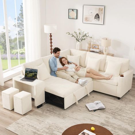 Canapé-lit d'angle convertible en L, avec couchage et espace de rangement, porte-gobelets, larges accoudoirs, ports USB et USB-C, coussins inclus, idéal pour les salons et les home cinémas, beige