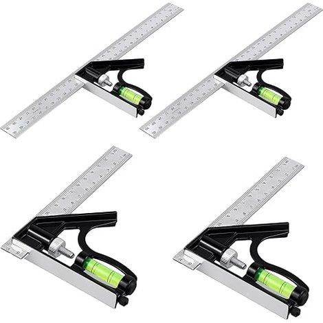 Lot de 4 cornières combinées de 150 mm et 300 mm avec niveau à bulle et aiguille de traceur pour des travaux de précision, rapporteur réglable en acier inoxydable pour des mesures à 90/45 degrés (1/5)