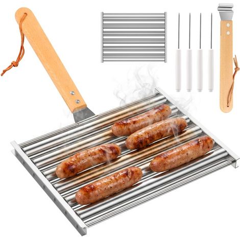 Grille à hot-dogs extra large de 24 cm en acier inoxydable pour barbecue - Cuisson uniforme, poignée en bois amovible, 4 brochettes incluses pour les fêtes de jardin et le camping (1/5)