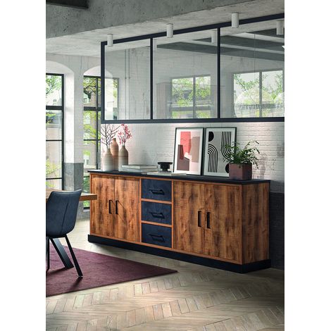 Buffet/bahut industriel 226 cm chêne/noir Odessa (1/5)