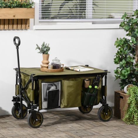 Chariot de plage pliable, 4 roues, housse amovible, poignée réglable en hauteur, plateau inclinable, 5 poches de rangement, 108 x 55 x 93 cm, vert
