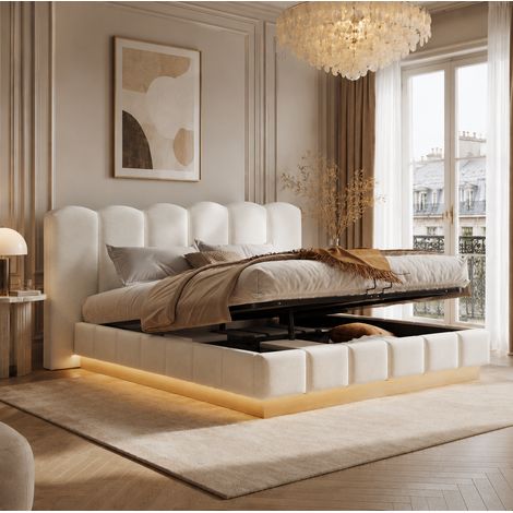 Letto contenitore 180x200 cm con rete, testiera, LED, bianco Bouclé DESVIAE (1/5)
