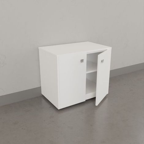 Meuble sous vasque simple 70 cm – Caisson roulant blanc brillant – Portes pivotantes avec amortisseur – Étagère intérieure – Creazur (1/10)