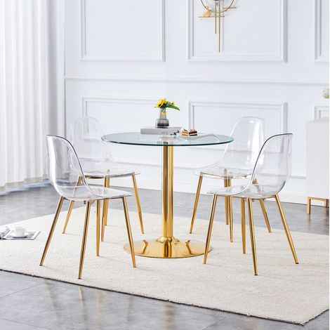 Esstisch-Set rund mit 4 Stühlen Glas Metall Gold OKMYHOME (1/5)
