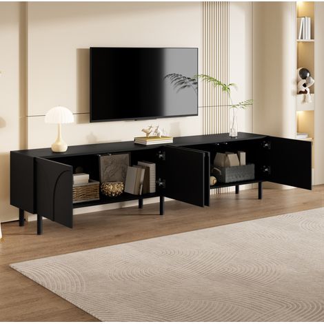 REDOM - Mobile TV 180x35x49 cm, 4 ante, 2 vani portaoggetti separati, piedi in metallo, MDF e pannelli di particelle nero (1/5)