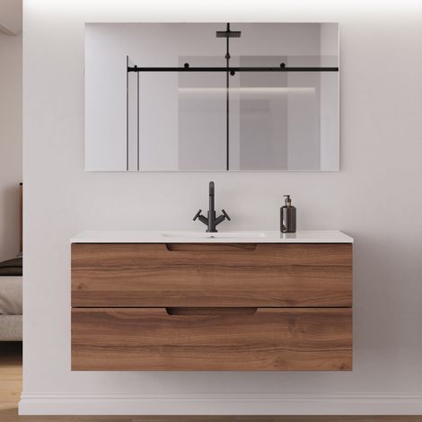 Meuble de salle de bain 120 cm simple vasque - 2 tiroirs - noyer (bois foncé) - SONRIZA (1/5)