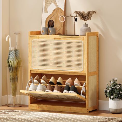 Armoire de rangement pour chaussures 14 paires, 2 tiroirs, étagères réglables, bois naturel, 69x29x83cm (1/5)