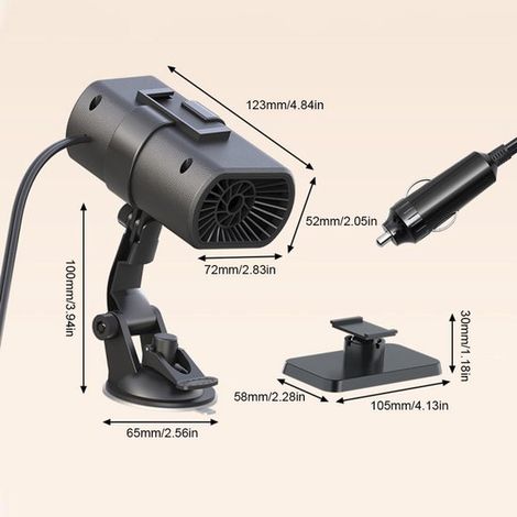 Autoheizung – 12-V-Zigarettenanzünderstecker – Zweistufiger Lüfter – 360° drehbar – Saugnapf und Klebefuß – Enteisungsfunktion – Schwarz