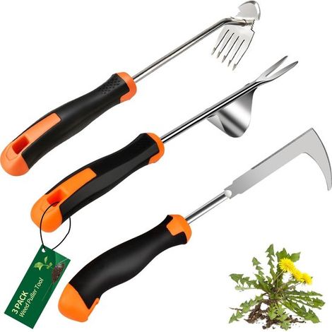 Ensemble de 3 arrache-mauvaises herbes manuelles en acier inoxydable - Arracheur de mauvaises herbes - Outils de jardin - Désherbeur - Avec poignée en caoutchouc - Pour jardin, terrasse, parterres de (1/5)
