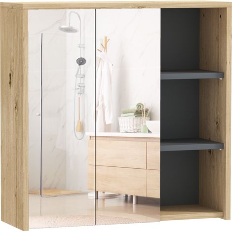 Specchio da Bagno Contenitore con 2 Ante 60x20x60 cm con Specchio e Scomparto Aperto Naturale (1/5)