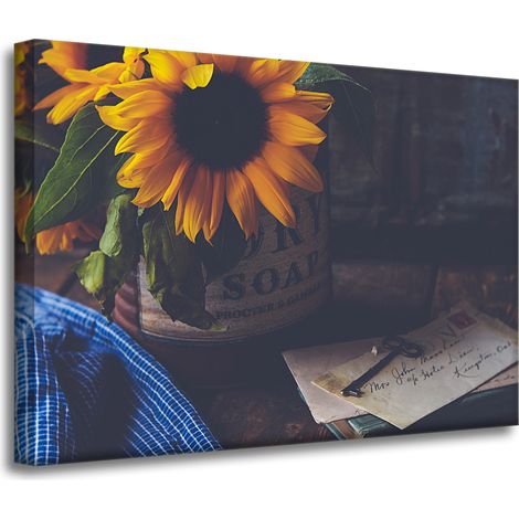 Lienzo impreso con diseño vintage de girasoles, 70x50 cm. (1/4)