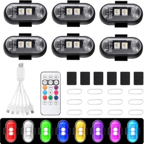 6 Pièces Lumières LED Sans Fil Voiture 8 Couleurs Lumières Stroboscopiques Strobe Drone Light Sans Fil avec Télécommande Rechargeables USB Étanche Anti-Collision pour Voiture Drone Camion Moto Vélo (1/5)