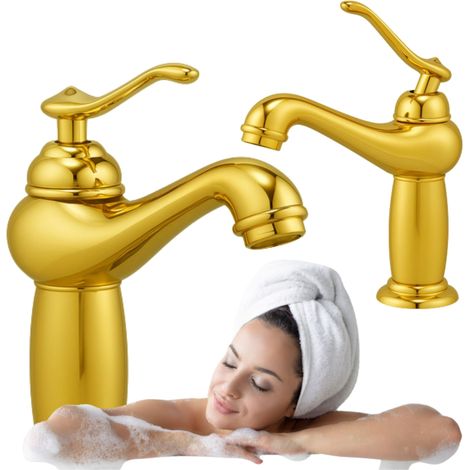Mitigeur lavabo rétro bas Lorenza Silla, robinet salle de bain en laiton, économie d’eau, design vintage, Doré (1/5)