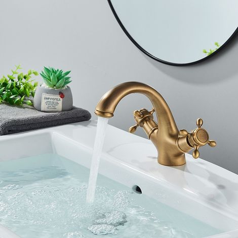 Robinet de lavabo antique en laiton – Mitigeur double poignée eau chaude et froide pour salle de bain et cuisine (1/5)