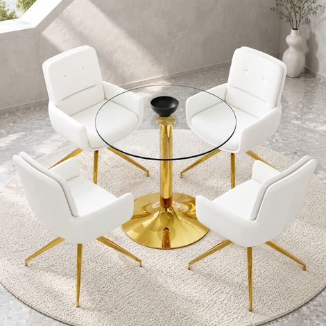 Conjunto de mesa redonda de 85 cm y 4 sillas de vidrio templado blanco y oro DESVIAE (1/5)