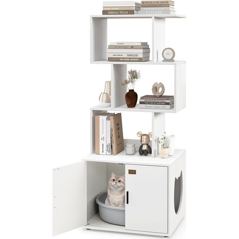 Meuble Litiere Chat 60×45,5×142 cm, 3 Etagères Ouvertes,3 Trous d'Aération, Maison de Toilette Chat, 4 Coussinets Réglables, Blanc (1/5)