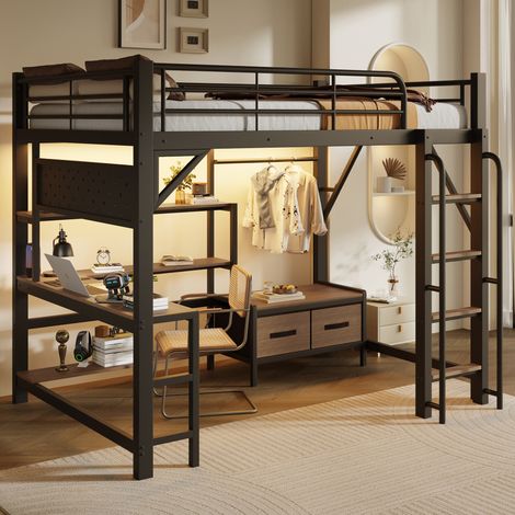 Letto a soppalco 140 x 200 cm con scrivania, contenitori, LED e USB, nero HAVRYA (1/5)