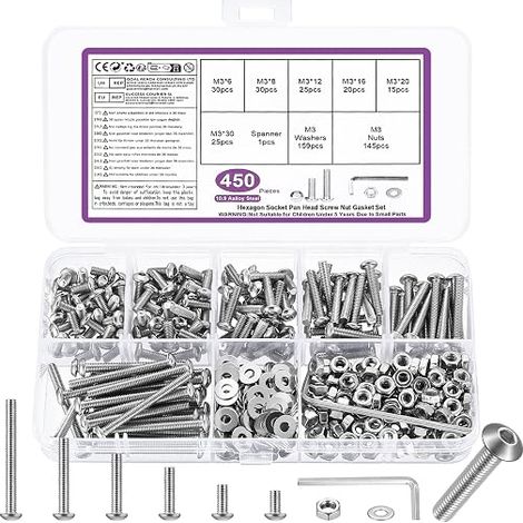 Set di Vis M3, Vis et Écrous, Vis Boulon et Écrous et Rondelles Set, Boulons Vis à Tête Cylindrique à Six Pans Creux, Vis à Tête Ronde à Tête Hexagonale Assortiment Kit pour Mécaniques(M3) (1/5)