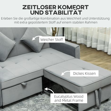 Canapé convertible 2 places, fonction lit, dossier réglable, canapé avec coussins, aspect velours, canapé d'angle escamotable avec coffre de rangement, roulettes pour salon ou chambre d'amis, gris. (1/5)