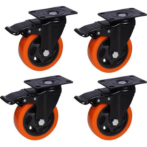 Juego de 4 ruedas industriales de poliuretano naranja con freno (10,16 cm/4") – Soportan cargas pesadas de hasta 997,9 kg, ideales para talleres.