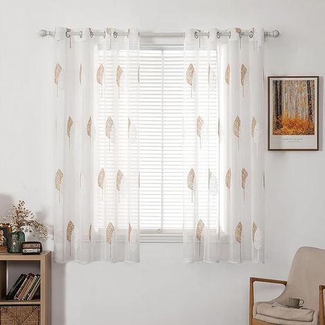 Tende Camera da Letto Moderne, Tende per Finestre con Motivo a Foglia Ricamata, Tenda Trasparente Interno con Occhielli, Tende Voile per Casa Soggiorno e Salotto 2 Pezzi – Marrone 140x225