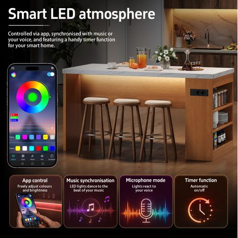 Îlot de cuisine 155x80x90 cm avec éclairage LED et prises USB/AC, plateau MDF 40 mm, 3 étagères ouvertes (1/5)