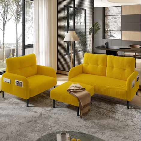 Sofa Set 3-teilig mit Hocker Cord Gelb Metallfüße OKMYHOME (1/5)