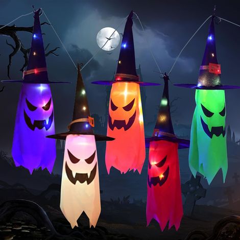 Guirlande lumineuse de 5 fantômes suspendus avec chapeaux de sorcière, décoration d'Halloween effrayante pour arbre, cour, porche, jardin. Fonctionne sur piles. Utilisation intérieure/extérieure. Idéa (1/5)