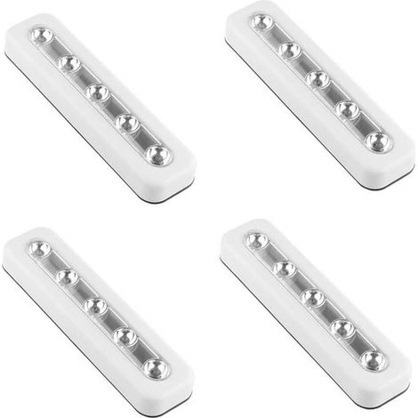 Lot de 4 lampes tactiles à 5 LED à monter sur tige, à piles, à poussoir, pour éclairage intérieur (blanc), idéales pour les armoires, placards, couloirs, escaliers, greniers, garages, voitures, abris (1/5)
