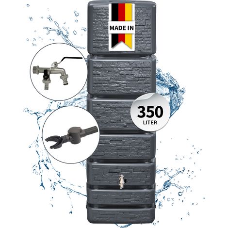 4rain SLIM STONE DECOR Regentonne Wandtank Komplett-Set 350 Liter graphite grey inkl. Chrom-Doppelauslaufhahn und Fallrohranschluss (1/5)