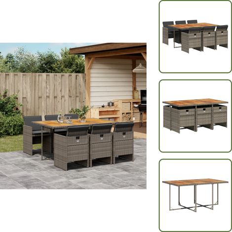 The Living Store 7-tlg. Garten-Essgruppe mit Kissen Grau Poly Rattan - Essgruppe (1/5)