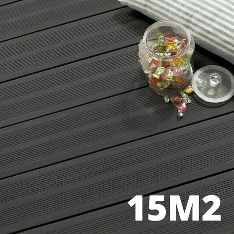Kit Terrasse Composite ATLANTA 15m² - 46 Lames de Terrasse (220 x 14.5 x 2.25 cm) - Antracite - Garantie 15 ans - Fixation par Clips