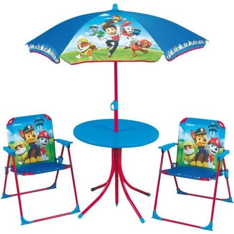 Set de jardin Pat'Patrouille pour enfants – Table ronde 46cm – 2 chaises pliantes – Parasol 125cm – Tissu polyester et structure acier – Cijep (1/4)