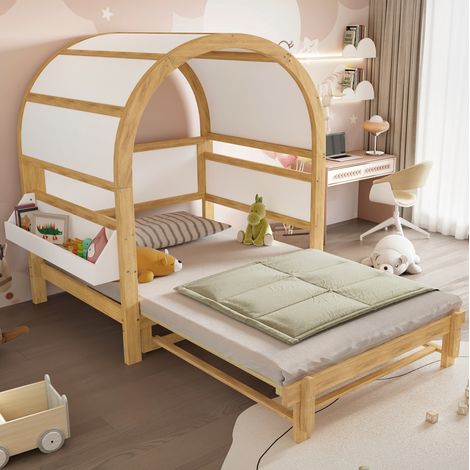 Kinderbett Kiefer/MDF Weiß+Natur 140x200 cm, ausziehbar mit Schiebebett, Hausbett mit Lattenrost (1/5)