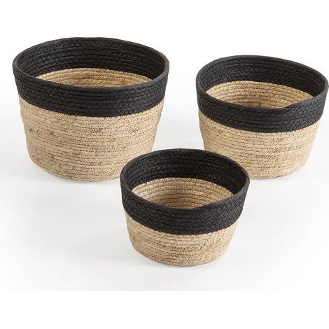 Set de 3 cestas Nati de fibra natural y papel, negro/beige