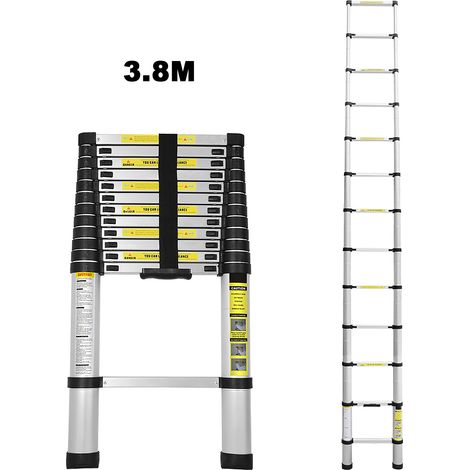 Wolketon 3.8M Teleskopleiter mit Stabilisator Aluminium Multifunktionsleiter Aluleiter Klappleiter aus Hochwertigem für Treppe Innen & Außenbereich Haushalt