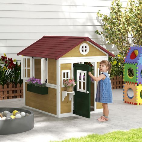 Spielhaus für Kinder im Außenbereich mit Türen, Fenstern und Pflanzkästen, 114 x 126,4 x 135 cm, beige (1/5)