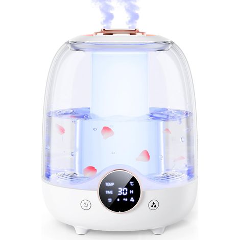Umidificatori per ambienti, serbatoio da 3 litri, doppi ugelli, luci LED, timer intelligente (2/4/8 ore), spegnimento automatico, perfetti per neonati e stanze grandi (bianco)