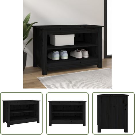 The Living Store Banc à chaussures Noir 70x38x45,5 cm Bois de pin massif - Meuble À Chaussures - Banc Chaussure - Rangement Chaussures - Organisateur Chaussures - Entrée Déco (1/5)