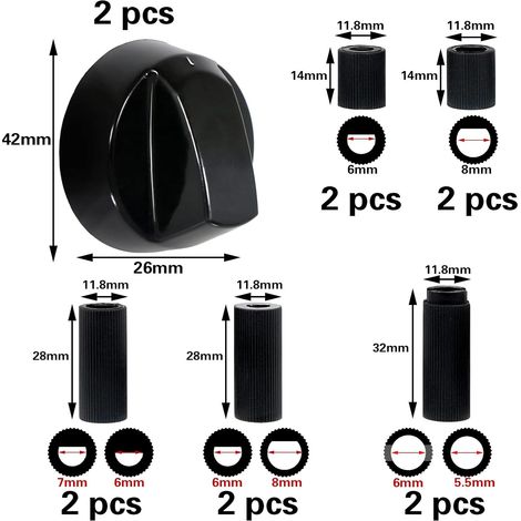 Set of 2 Hob Knobs, Gas Stove Knobs, for Almost All Hobs, Universal Cooker Knobs, for Gas Stove and Oven, with 10 Adapters (1/4)