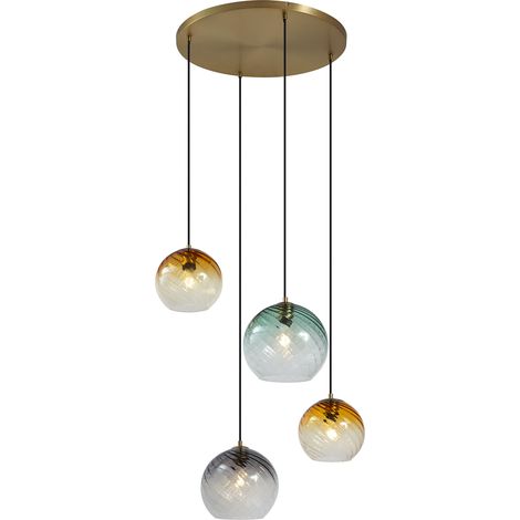 Pendelleuchte Bronze mit Rauchbernstein und grünem Glas rund 4-flammig - Bao