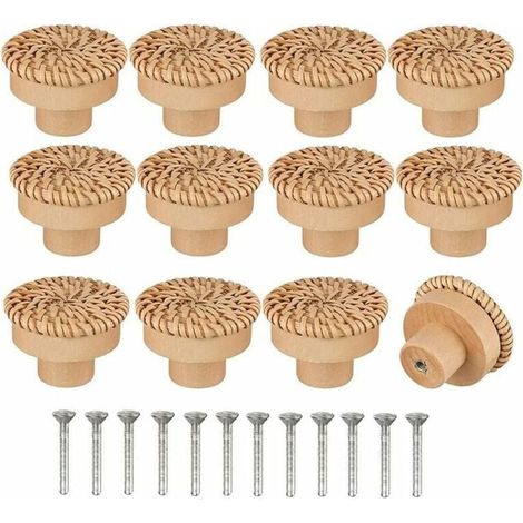 Lot de 12 Boutons de Commode en Rotin de Style Bohème - Faits à la Main - Inclus Vis - Convient pour Meubles en Bois, Tiroirs, Armoires (1/4)