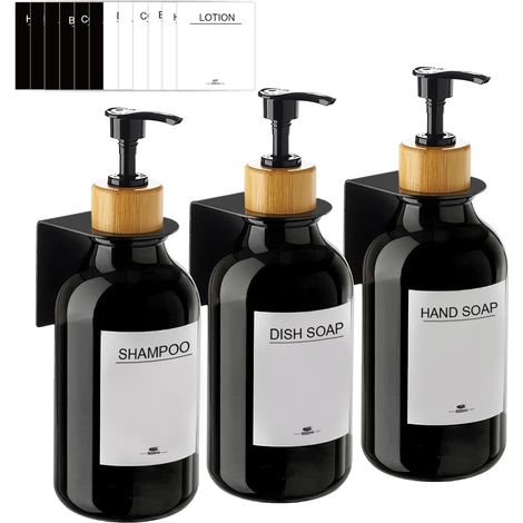 3 Pièces Distributeur Savon Mural, Distributeur de Savon 500ml avec Étiquettes No Perçage pour Cuisine et Salle de Bain - Noir (1/5)