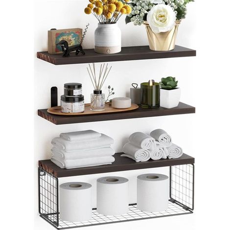 Etagère murale, Set de 3 étagères flottantes en bois avec panier en fil métallique, étagère murale, étagère à épices, étagère suspendue pour la salle de bain, le salon, la buanderie (1/4)