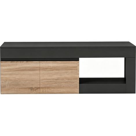 Mueble TV con 2 puertas y compartimento abierto, hasta 60", negro y madera natural (1/5)