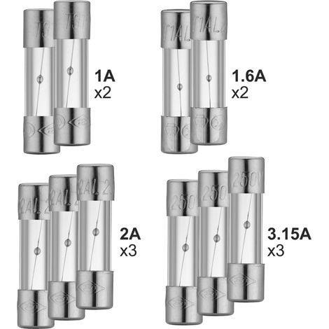 Debflex – Lot de 10 fusibles verre fusion lente 2A – 3,15A – 1A, 1,6A – Pour installations électriques domestiques